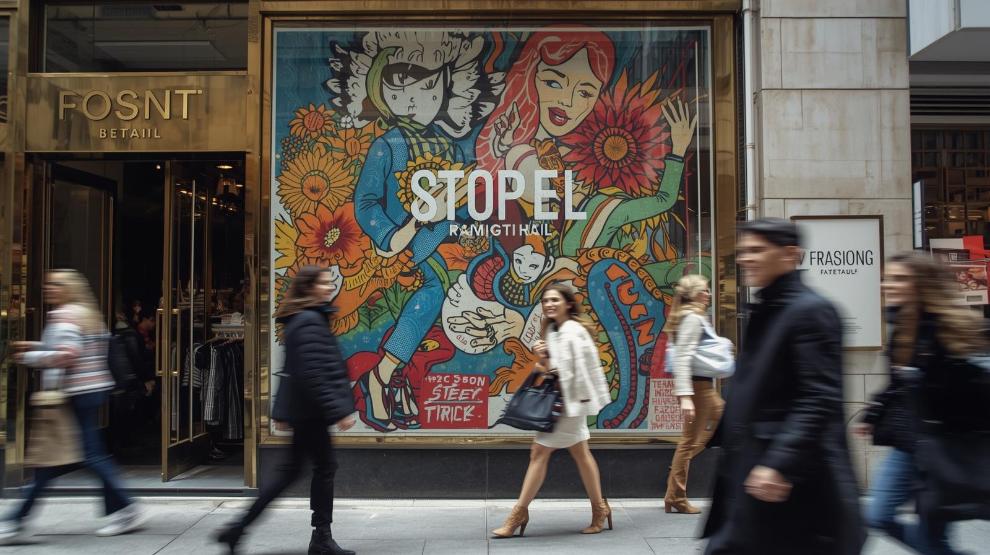 Smiling shoppers pass colorful fashion storefront with large printed display in NYC.