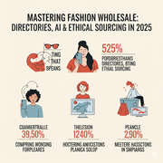 A colorful graphic showcasing various icons and text related to fashion wholesale, artificial intelligence, and ethical sourcing. 