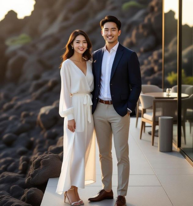stylish couple outside classic jeju room lounges