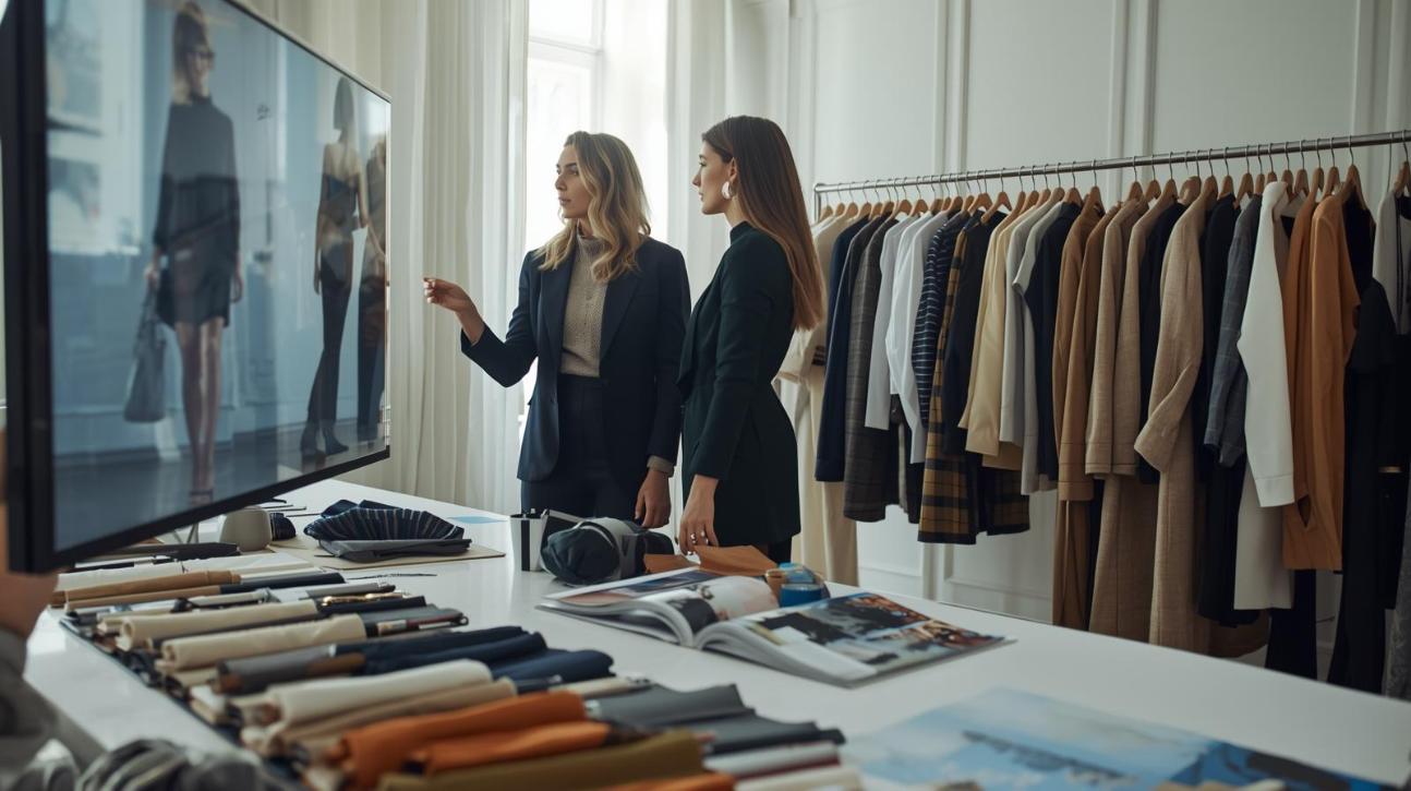 Fashion editors analyzing outfits from blurred screens surrounded by magazines and clothing racks.