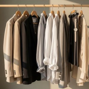 Clean minimalist wardrobe setup featuring neutral-toned outfits, tailored blazers, linen shirts, and simple accessories