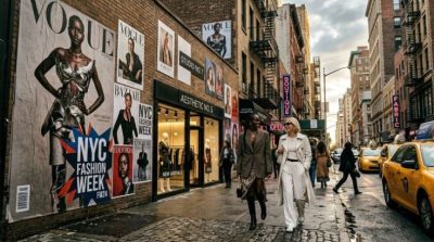 A stylish NYC fashion district street scene with large fashion posters on walls