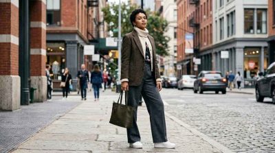 A stylish individual showcasing modern fashion with a mix of classic and contemporary clothing, confident pose, urban background.